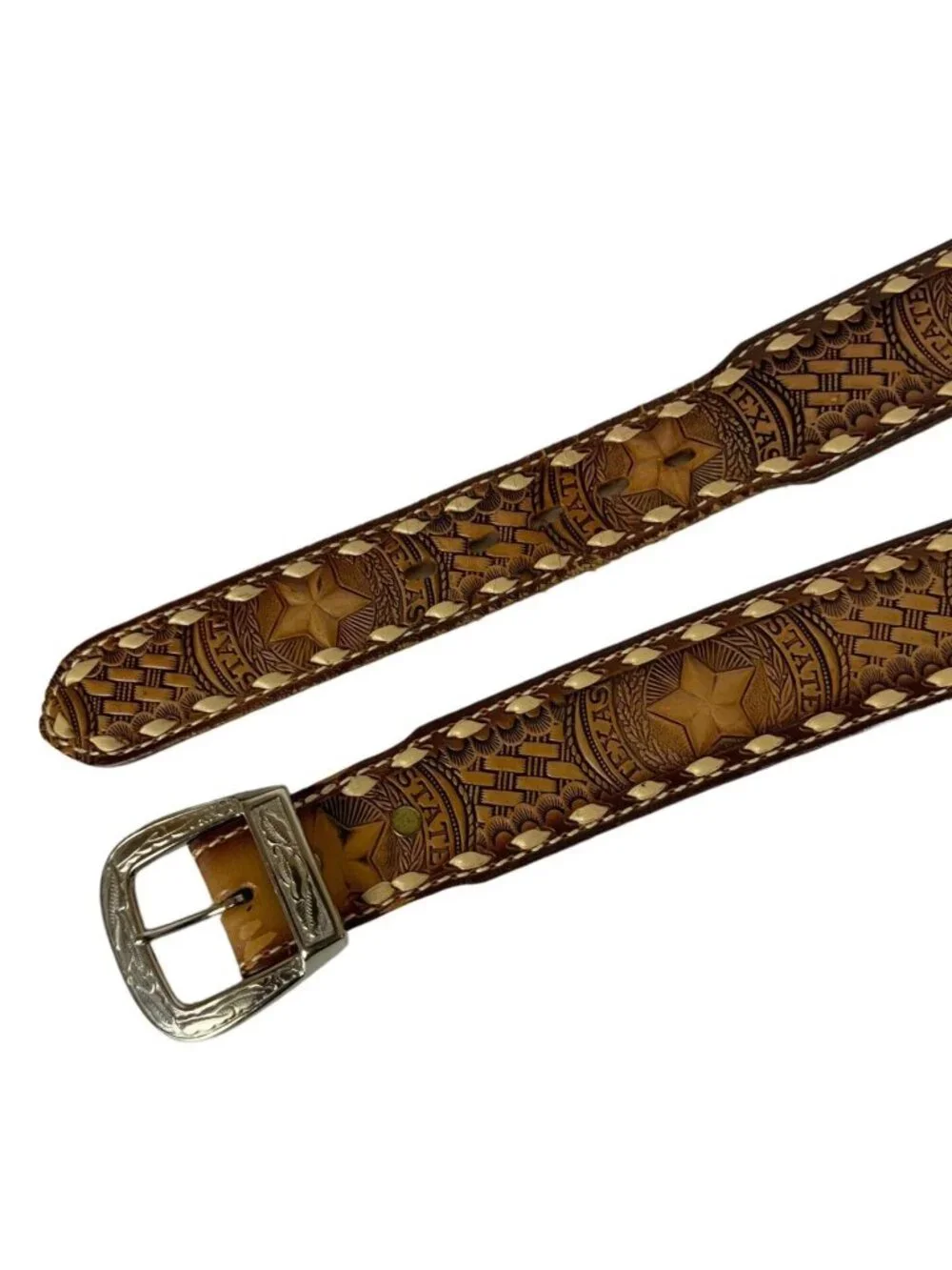 Brazos Joe Belt Co Mens Western Belt Sz 42 Brown Texas State Seal Stamped DRAKE